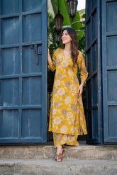 Women's Printed Knee Length V Neck Kurta And Pant Set (K198)-HFXMA-K198-YELLOW